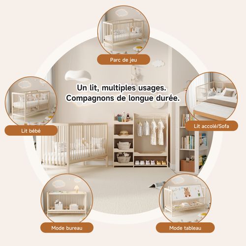 Lit Bébé évolutif 120x60 Bois Naturel Réglable Sans Matelas
