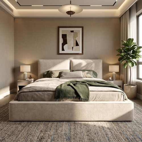 Lit Coffre 180x200 Cm En Chenille Beige Avec Sommier Et Tête De Lit Rembourrée