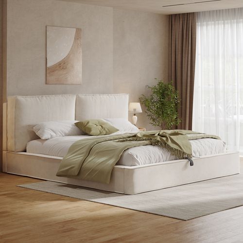 Lit Coffre 180x200 Cm En Chenille Beige Avec Sommier Et Tête De Lit Rembourrée