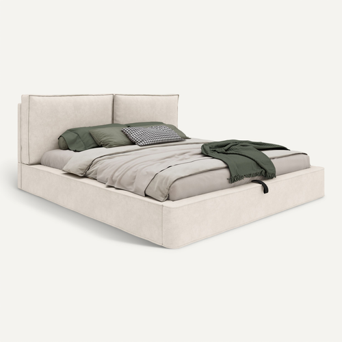 Lit Coffre 180x200 Cm En Chenille Beige Avec Sommier Et Tête De Lit Rembourrée