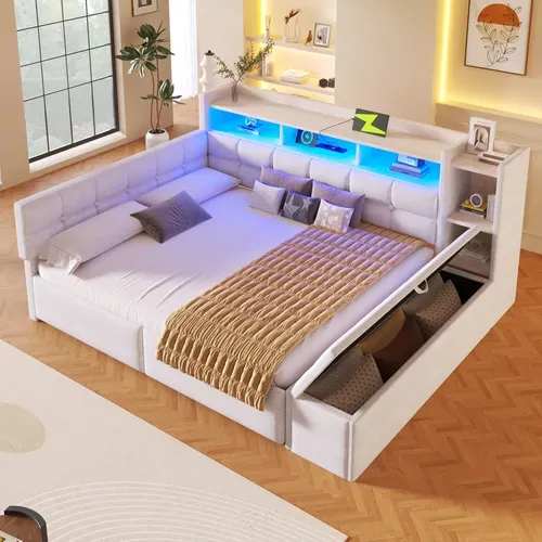 Lit Banquette 140x190cm Avec 2 Tiroirs, USB Et USB-c, Niche Et Banc De Rangement, LED, Velours Blanc
