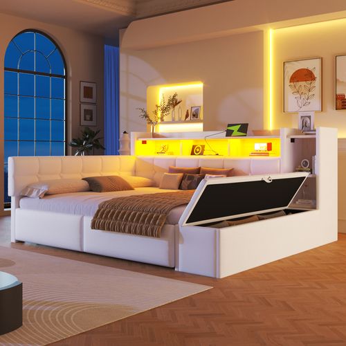 Lit Banquette 140x190cm Avec 2 Tiroirs, USB Et USB-c, Niche Et Banc De Rangement, LED, Velours Blanc