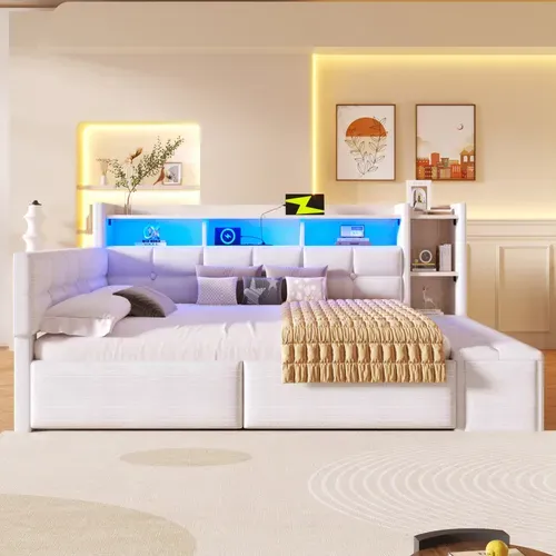 Lit Banquette 140x190cm Avec 2 Tiroirs, USB Et USB-c, Niche Et Banc De Rangement, LED, Velours Blanc
