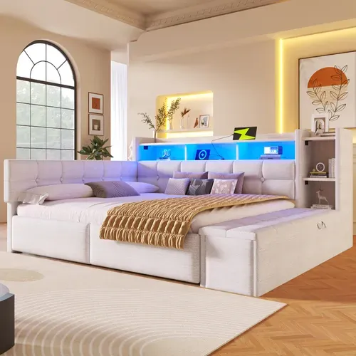 Lit Banquette 140x190cm Avec 2 Tiroirs, USB Et USB-c, Niche Et Banc De Rangement, LED, Velours Blanc