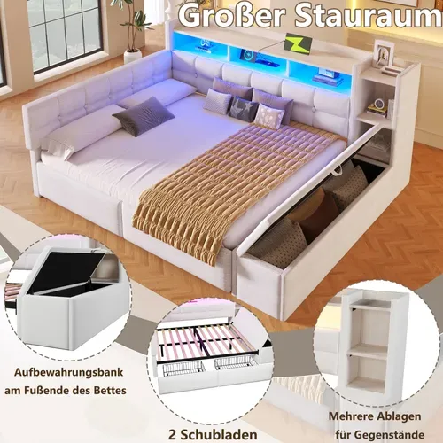 Lit Banquette 140x190cm Avec 2 Tiroirs, USB Et USB-c, Niche Et Banc De Rangement, LED, Velours Blanc
