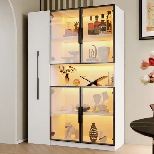 Vitrine Bibliothèque 110x35x160 Cm Avec LED App Et Rangements Coulissants, Blanc