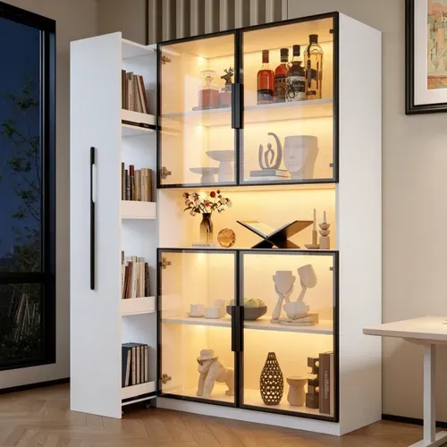 Vitrine Bibliothèque 110x35x160 Cm Avec LED App Et Rangements Coulissants, Blanc