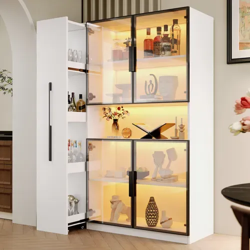 Vitrine Bibliothèque 110x35x160 Cm Avec LED App Et Rangements Coulissants, Blanc