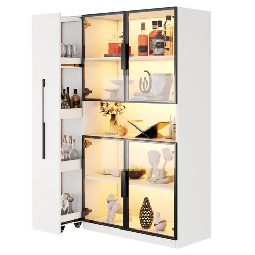 Vitrine Bibliothèque 110x35x160 Cm Avec LED App Et Rangements Coulissants, Blanc