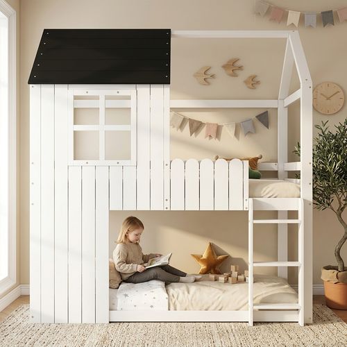 Lit Mezzanine Cabane,Lit mi-haut Enfant 90x200 Avec Escalier, Barrières, Bois Blanc Noir