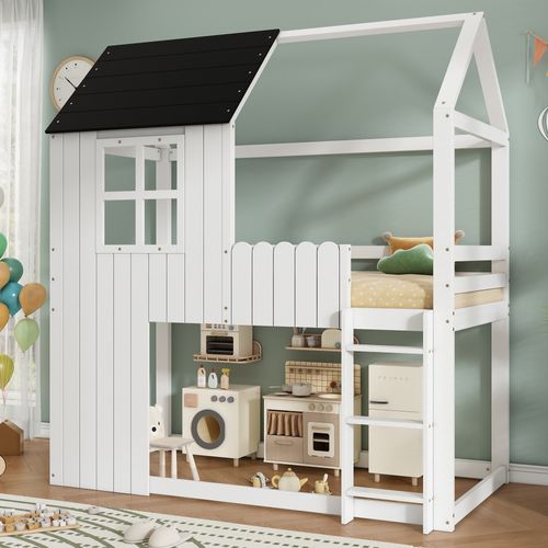 Lit Mezzanine Cabane,Lit mi-haut Enfant 90x200 Avec Escalier, Barrières, Bois Blanc Noir