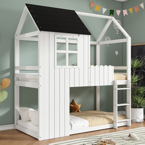 Lit Mezzanine Cabane,Lit mi-haut Enfant 90x200 Avec Escalier, Barrières, Bois Blanc Noir