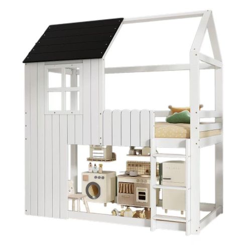 Lit Mezzanine Cabane,Lit mi-haut Enfant 90x200 Avec Escalier, Barrières, Bois Blanc Noir