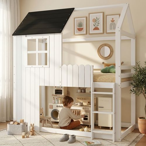 Lit Mezzanine Cabane,Lit mi-haut Enfant 90x200 Avec Escalier, Barrières, Bois Blanc Noir