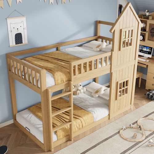 Lit Superposé Cabane Enfant 90x200 Avec échelle, Barrières, 2 Couchages Bois Naturel