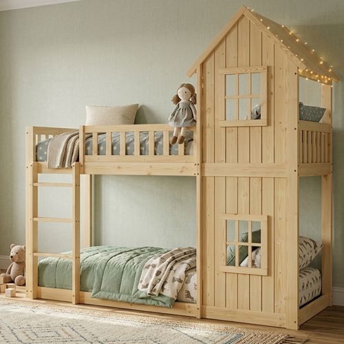 Lit Superposé Cabane Enfant 90x200 Avec échelle, Barrières, 2 Couchages Bois Naturel