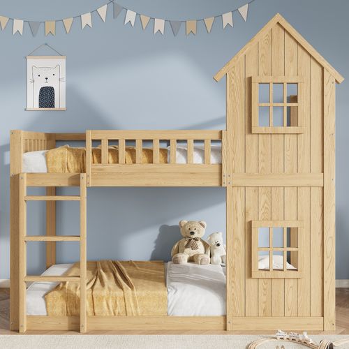 Lit Superposé Cabane Enfant 90x200 Avec échelle, Barrières, 2 Couchages Bois Naturel