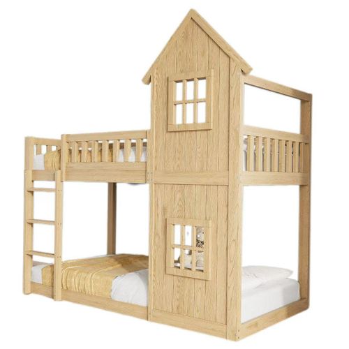 Lit Superposé Cabane Enfant 90x200 Avec échelle, Barrières, 2 Couchages Bois Naturel