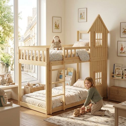 Lit Superposé Cabane Enfant 90x200 Avec échelle, Barrières, 2 Couchages Bois Naturel