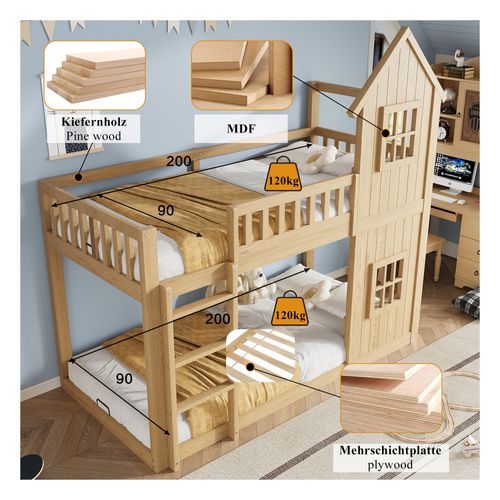 Lit Superposé Cabane Enfant 90x200 Avec échelle, Barrières, 2 Couchages Bois Naturel