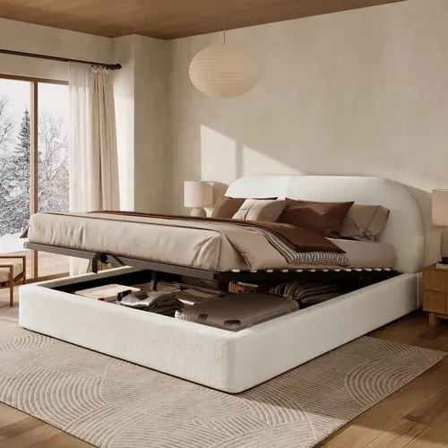 Lit Coffre 180x200 Cm Avec Rangement Hydraulique, Sommier à Lattes, Velours Bouclé Beige