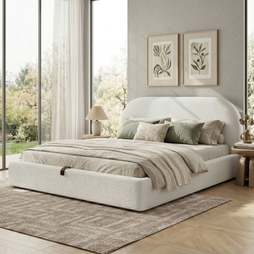 Lit Coffre 180x200 Cm Avec Rangement Hydraulique, Sommier à Lattes, Velours Bouclé Beige