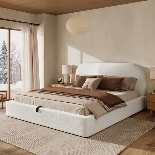 Lit Coffre 180x200 Cm Avec Rangement Hydraulique, Sommier à Lattes, Velours Bouclé Beige