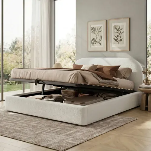 Lit Coffre 180x200 Cm Avec Rangement Hydraulique, Sommier à Lattes, Velours Bouclé Beige
