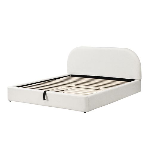 Lit Coffre 180x200 Cm Avec Rangement Hydraulique, Sommier à Lattes, Velours Bouclé Beige