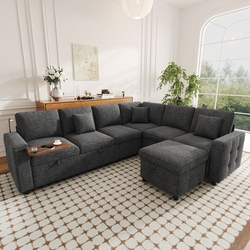 Canapé D’angle Convertible 7 Places 261x203 Cm Avec USB, LED Et Rangements, Chenille Gris
