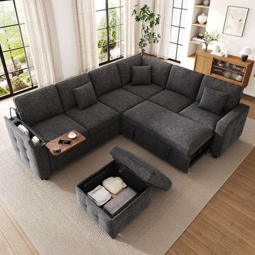 Canapé D’angle Convertible 7 Places 261x203 Cm Avec USB, LED Et Rangements, Chenille Gris
