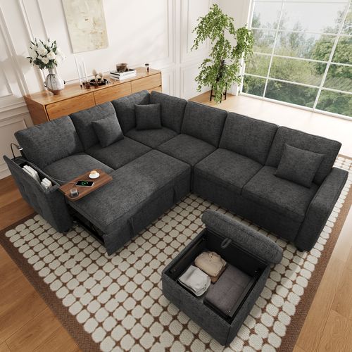 Canapé D’angle Convertible 7 Places 261x203 Cm Avec USB, LED Et Rangements, Chenille Gris