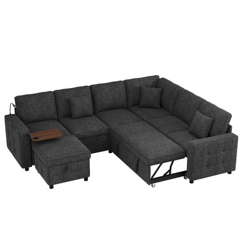 Canapé D’angle Convertible 7 Places 261x203 Cm Avec USB, LED Et Rangements, Chenille Gris