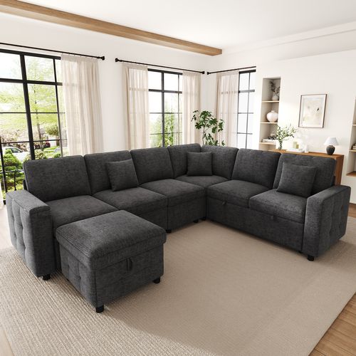 Canapé D’angle Convertible 7 Places 261x203 Cm Avec USB, LED Et Rangements, Chenille Gris