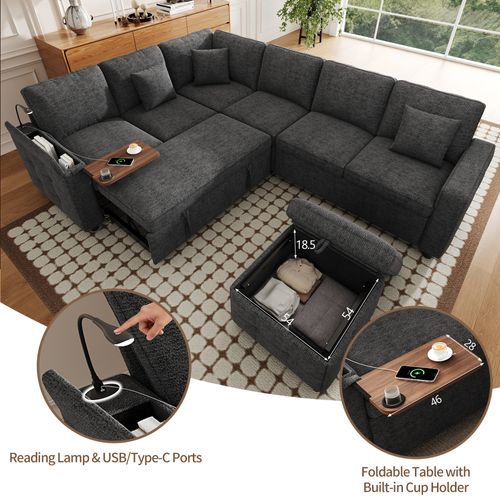 Canapé D’angle Convertible 7 Places 261x203 Cm Avec USB, LED Et Rangements, Chenille Gris