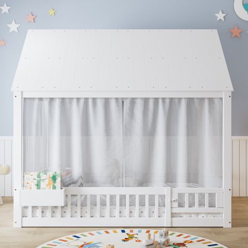 Lit Cabane Enfant 140x200 Cm Avec Rideaux, Rangement, Sommier à Lattes, Pin/mdf Blanc