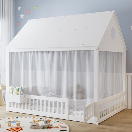 Lit Cabane Enfant 140x200 Cm Avec Rideaux, Rangement, Sommier à Lattes, Pin/mdf Blanc