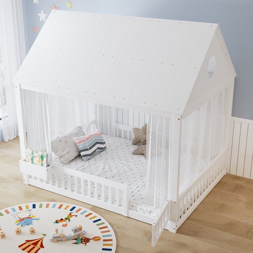 Lit Cabane Enfant 140x200 Cm Avec Rideaux, Rangement, Sommier à Lattes, Pin/mdf Blanc