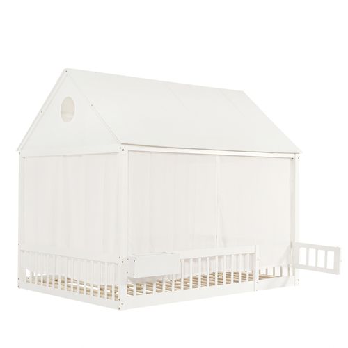 Lit Cabane Enfant 140x200 Cm Avec Rideaux, Rangement, Sommier à Lattes, Pin/mdf Blanc