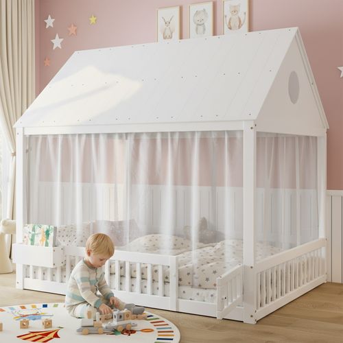 Lit Cabane Enfant 140x200 Cm Avec Rideaux, Rangement, Sommier à Lattes, Pin/mdf Blanc