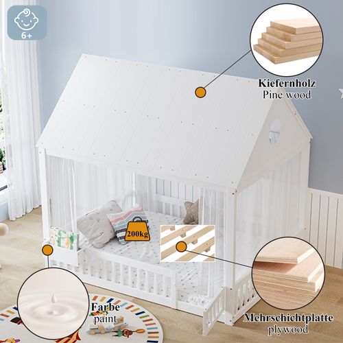 Lit Cabane Enfant 140x200 Cm Avec Rideaux, Rangement, Sommier à Lattes, Pin/mdf Blanc