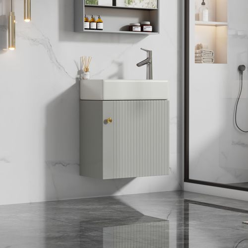 Meuble Salle De Bain Mural 46x26x56 Cm Avec Vasque, Rangement Suspendu, Mdf Gris