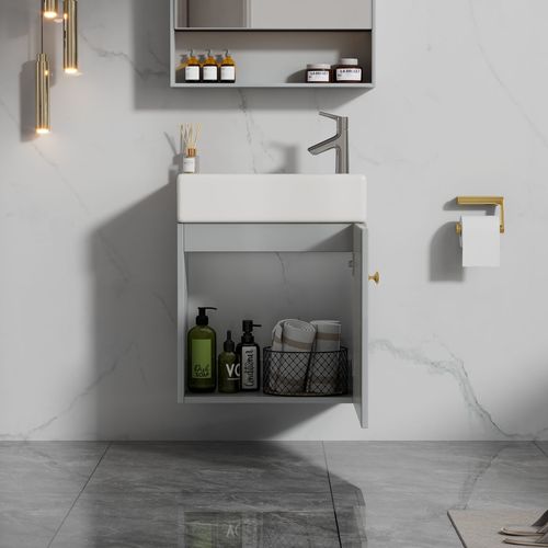 Meuble Salle De Bain Mural 46x26x56 Cm Avec Vasque, Rangement Suspendu, Mdf Gris