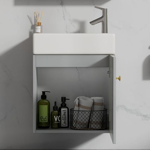 Meuble Salle De Bain Mural 46x26x56 Cm Avec Vasque, Rangement Suspendu, Mdf Gris