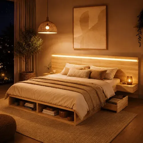 Lit King Size 180x200 Cm Avec 2 Chevets, Rangements, LED, USB Et USB-c, Décor Bois Naturel
