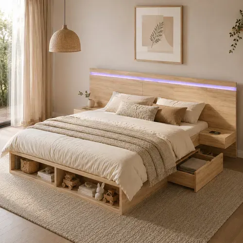 Lit King Size 180x200 Cm Avec 2 Chevets, Rangements, LED, USB Et USB-c, Décor Bois Naturel