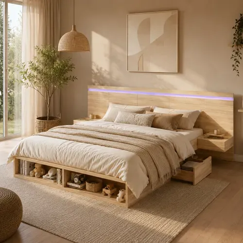 Lit King Size 180x200 Cm Avec 2 Chevets, Rangements, LED, USB Et USB-c, Décor Bois Naturel
