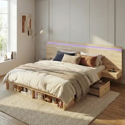 Lit King Size 180x200 Cm Avec 2 Chevets, Rangements, LED, USB Et USB-c, Décor Bois Naturel