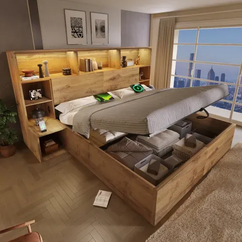Lit Coffre Bois 180x200 Cm Avec LED,usb, Tables De Chevet Intégrées Et Rangement Tête De Lit ,chêne