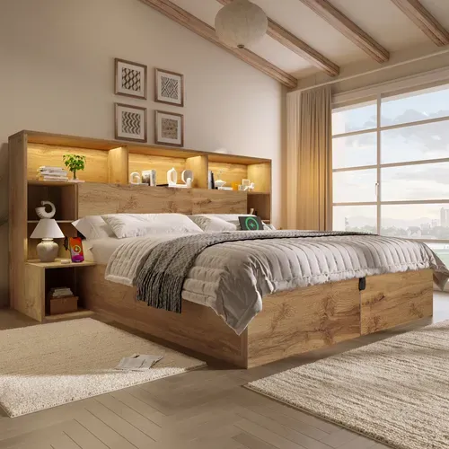 Lit Coffre Bois 180x200 Cm Avec LED,usb, Tables De Chevet Intégrées Et Rangement Tête De Lit ,chêne